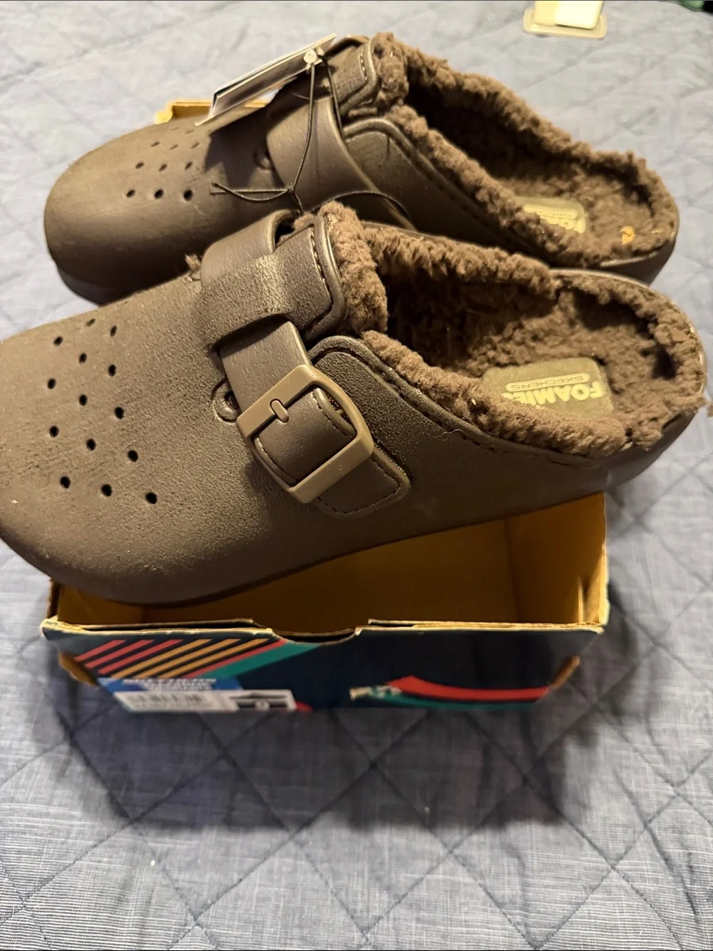 Skechers Kids Brown Faux-Fur Lined Clog Slippers with Buckle